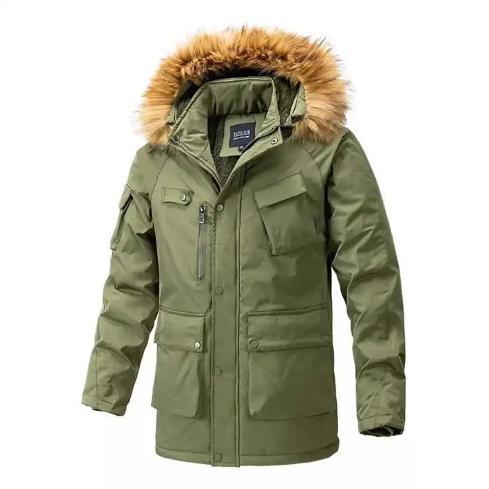  Mens fur hood parka winter jacket with utility pockets in olive green, showing front angle with cargo style design.