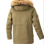 Mens fur hood parka winter jacket with utility pockets in tan, displaying back view with faux fur hood trim detail.