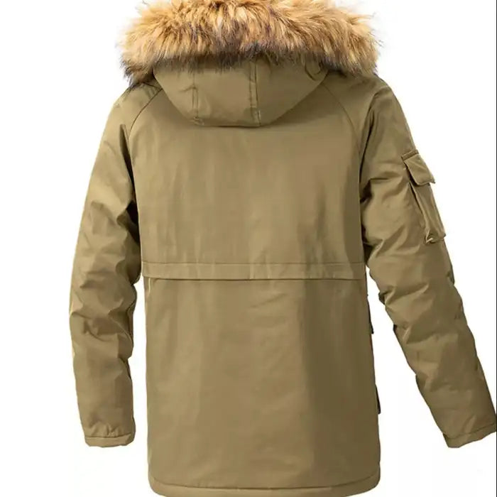 Mens fur hood parka winter jacket with utility pockets in tan, displaying back view with faux fur hood trim detail.