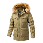  Mens fur hood parka winter jacket with utility pockets in tan, showing front view with multiple snap button closures.
