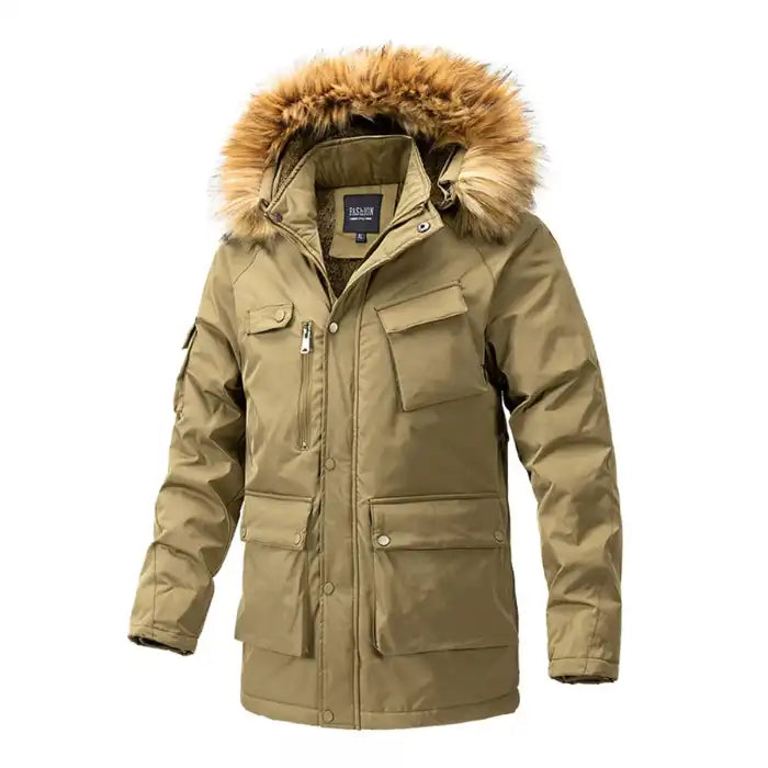  Mens fur hood parka winter jacket with utility pockets in tan, showing front view with multiple snap button closures.