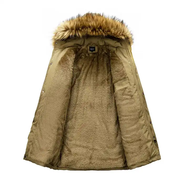 Mens fur hood parka winter jacket with utility pockets in tan, interior view showing warm fleece lining and hood.