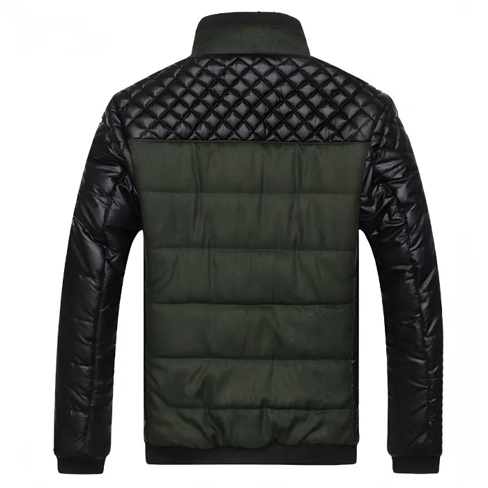 Back view of a mens insulated jacket in green and black with quilted shoulders and padded panels.