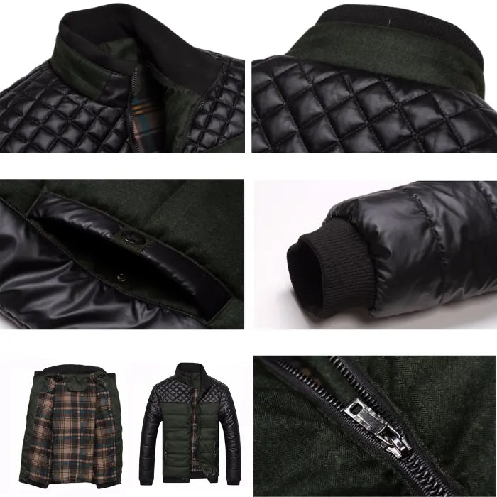 Detail collage of a mens insulated jacket showing quilted shoulders, zipper, cuffs, pockets, and plaid lining.