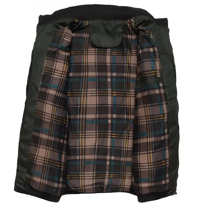 Interior view of a mens insulated jacket featuring a plaid lining and padded insulation.