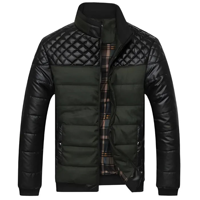 Mens insulated jacket in green and black with quilted shoulders and padded body.
