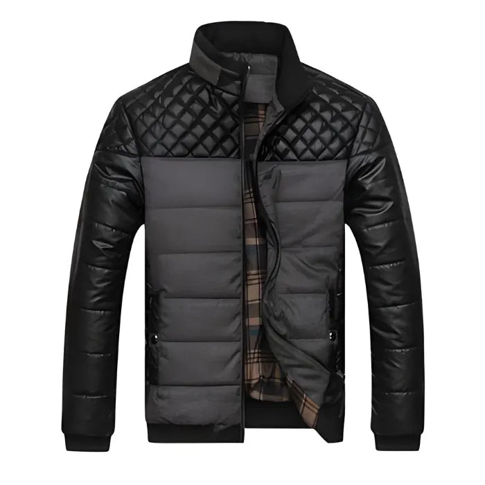 Mens insulated jacket in grey and black featuring quilted panels and a warm plaid lining.