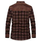 Mens plaid corduroy sherpa lined shirt jacket featuring corduroy shoulder panels and plaid body, back view detail.