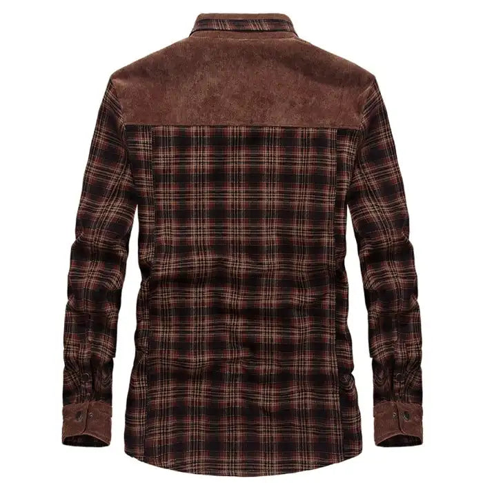  Mens plaid corduroy sherpa lined shirt jacket featuring corduroy shoulder panels and plaid body, back view detail.