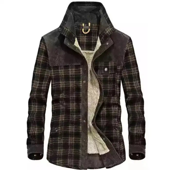 Mens plaid corduroy sherpa lined shirt jacket in charcoal gray and black plaid with cream fleece lining, front angle.