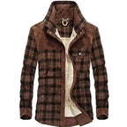 Mens plaid corduroy sherpa lined shirt jacket in brown tones, button front design with chest pocket details, front view.