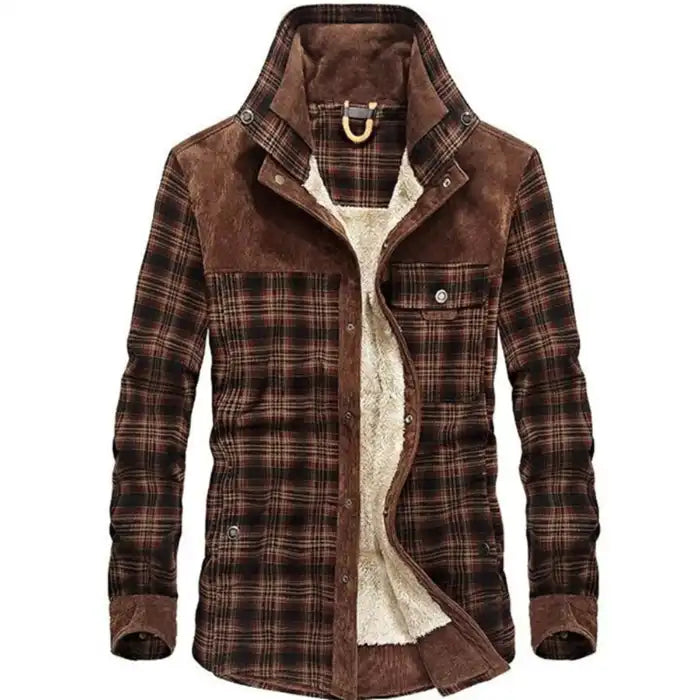 Mens plaid corduroy sherpa lined shirt jacket in brown tones, button front design with chest pocket details, front view.
