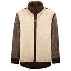 Mens plaid corduroy sherpa lined shirt jacket with cream sherpa fleece lining exposed, cozy interior detail view.