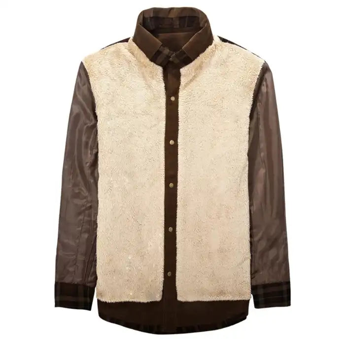 Mens plaid corduroy sherpa lined shirt jacket with cream sherpa fleece lining exposed, cozy interior detail view.