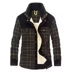 Mens plaid corduroy sherpa lined shirt jacket in navy and black plaid with corduroy trim, partially open front view.