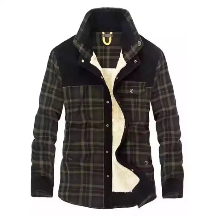 Mens plaid corduroy sherpa lined shirt jacket in navy and black plaid with corduroy trim, partially open front view.