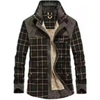 Mens plaid corduroy sherpa lined shirt jacket in olive green and gray plaid with snap button closure, front open view.