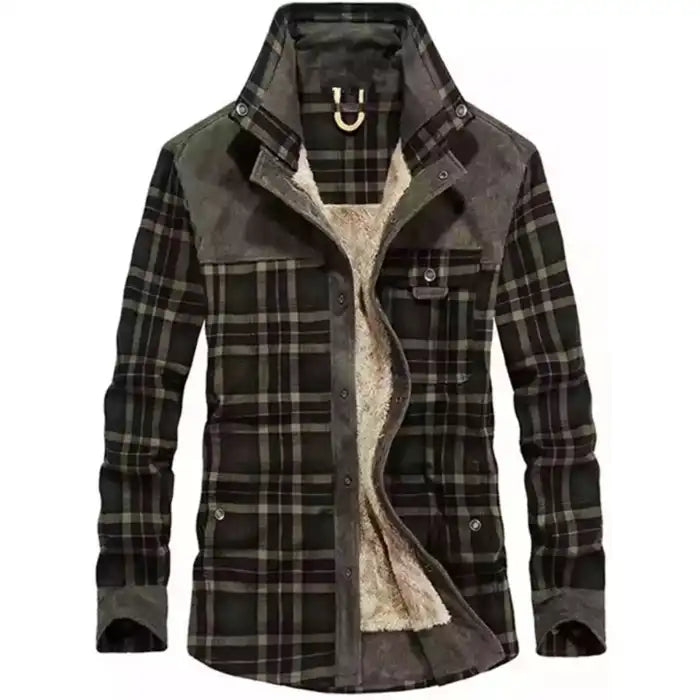 Mens plaid corduroy sherpa lined shirt jacket in olive green and gray plaid with snap button closure, front open view.