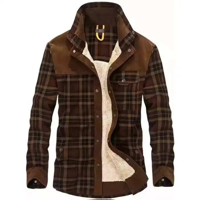 Mens plaid corduroy sherpa lined shirt jacket shown open with brown plaid sleeves and warm sherpa lining visible.