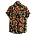 Back view of men's plus size button down tropical floral shirt with orange and blue flowers on black fabric