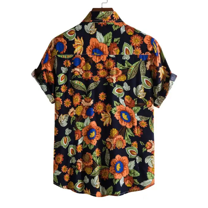 Back view of men's plus size button down tropical floral shirt with orange and blue flowers on black fabric