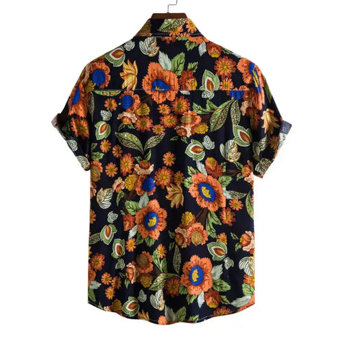 Back view of men's plus size button down tropical floral shirt with orange and blue flowers on black fabric