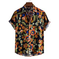 Men's plus size button down tropical floral shirt with vibrant orange and blue flowers on black background