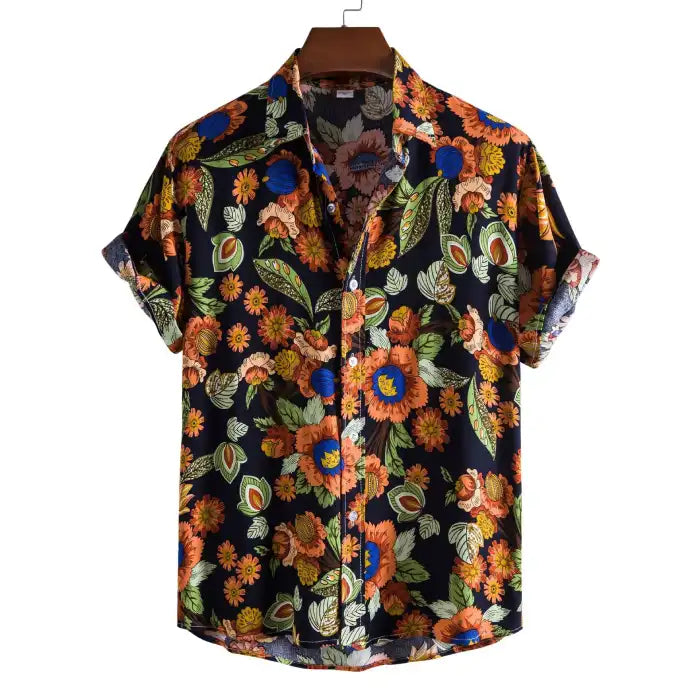 Men's plus size button down tropical floral shirt with vibrant orange and blue flowers on black background