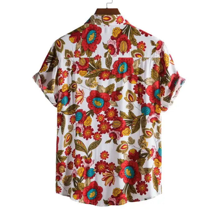 Back view of men's plus size button down tropical floral shirt with red and blue floral print on white fabric