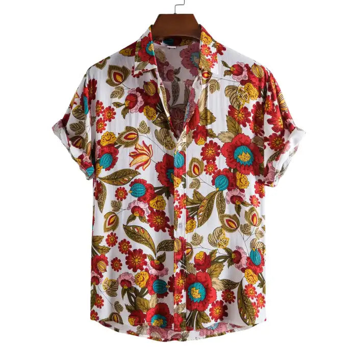  Men's plus size button down tropical floral shirt with bright red and blue flowers on white background