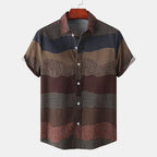 Men's plus size casual button-up shirt with wave stripes and short sleeves in brown and blue tones