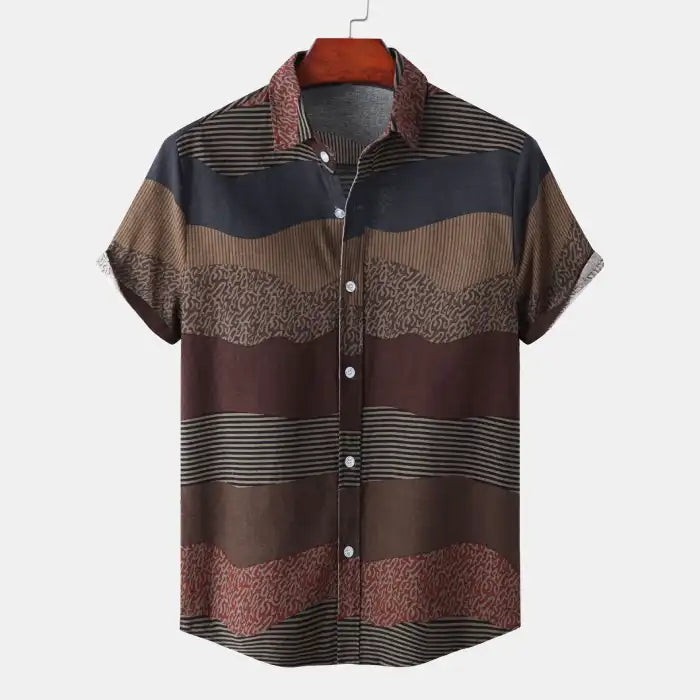 Men's plus size casual button-up shirt with wave stripes and short sleeves in brown and blue tones