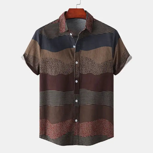 Men's plus size casual button-up shirt with wave stripes and short sleeves in brown and blue tones