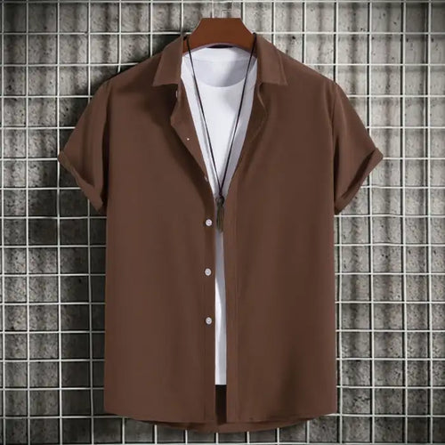 Men's plus size casual short sleeve button-up shirt in brown with white undershirt and necklace on hanger.