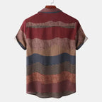 Back view of men's plus size casual shirt with striped patterns in brown, navy, and maroon colors