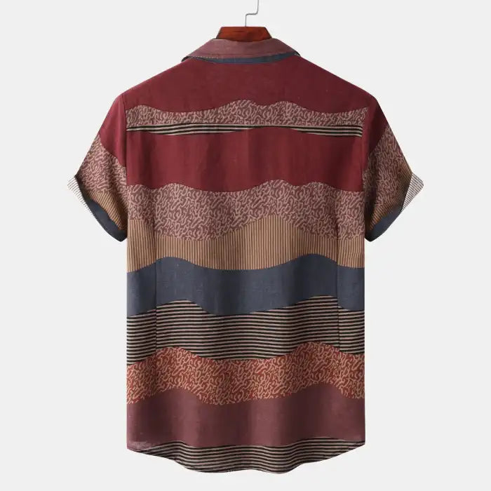 Back view of men's plus size casual shirt with striped patterns in brown, navy, and maroon colors