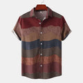 Men's plus size casual shirt with multicolor striped patterns and short sleeves on wooden hanger
