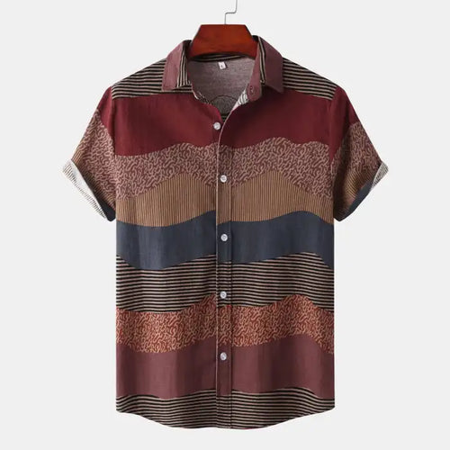 Men's plus size casual shirt with multicolor striped patterns and short sleeves on wooden hanger