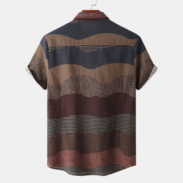  Men's plus size casual shirt showing back side with wavy stripes and short sleeves in earth tone colors