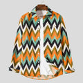  Men's plus size long sleeve casual shirt with green, orange, black, and white geometric chevron pattern