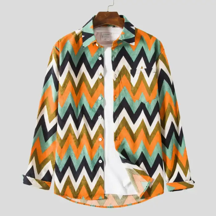  Men's plus size long sleeve casual shirt with green, orange, black, and white geometric chevron pattern