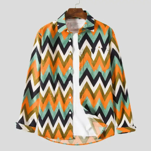  Men's plus size long sleeve casual shirt with green, orange, black, and white geometric chevron pattern