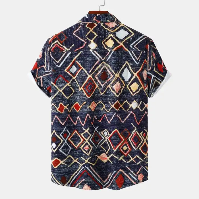  Back view of men's plus size geometric pattern short sleeve shirt featuring diamond shapes in navy and red tones