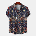  Men's plus size geometric pattern short sleeve shirt with multicolor diamond shapes on navy background