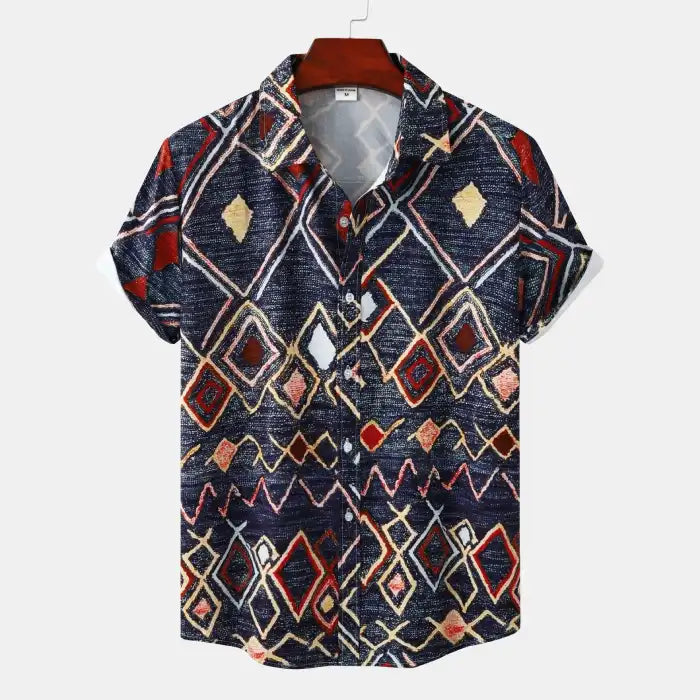  Men's plus size geometric pattern short sleeve shirt with multicolor diamond shapes on navy background