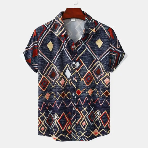  Men's plus size geometric pattern short sleeve shirt with multicolor diamond shapes on navy background