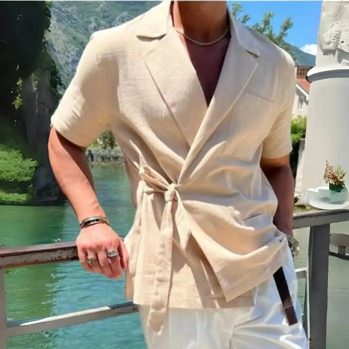 Men's plus size tied lightweight linen wrap top in beige with short sleeves and front tie detail