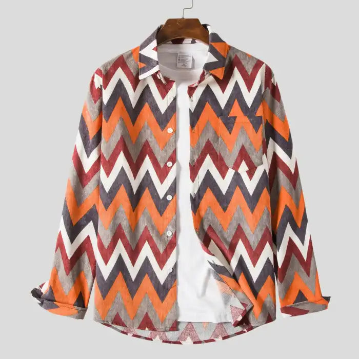 Men's plus size long sleeve casual shirt in orange, red, gray, and white geometric chevron pattern front view