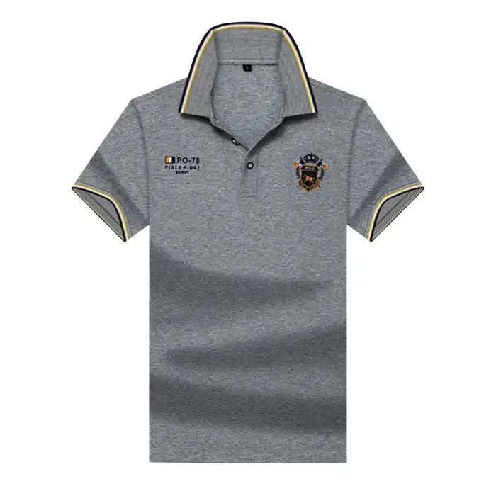 Men's plus size polo shirt in heather gray featuring embroidered logo and black-yellow striped collar detail