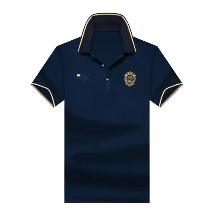 Men's plus size polo shirt in navy blue with detailed embroidered emblem and black-yellow collar trim